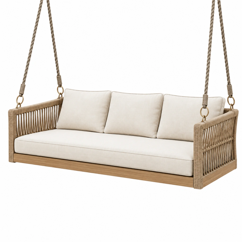 Hängesofa 180 x 75 x 65 cm aus Holz und Seilgeflecht in Beige Naturholz für den Außenbereich