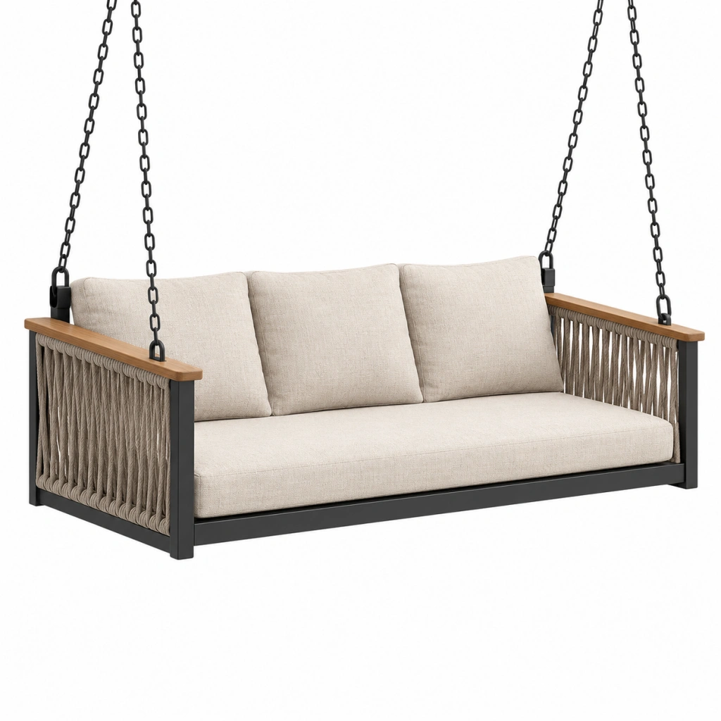 Hängesofa 160 x 75 x 70 cm Beige Schwarz mit Metallgestell und Seilbespannung für den Außenbereich