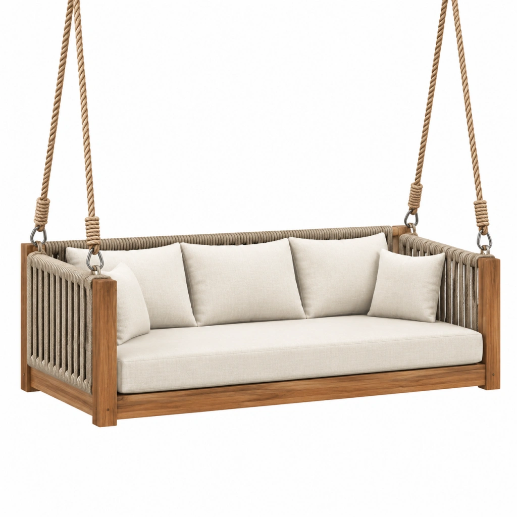 Hängesofa 150 cm aus Holz in Naturbeige mit Seilaufhängung für den Außenbereich
