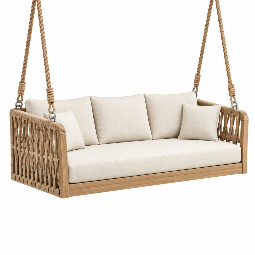 Hängesofa 160 x 80 x 70 cm aus Holz und Seilgeflecht naturfarben mit Stoffbezug für Terrasse im Boho-Stil