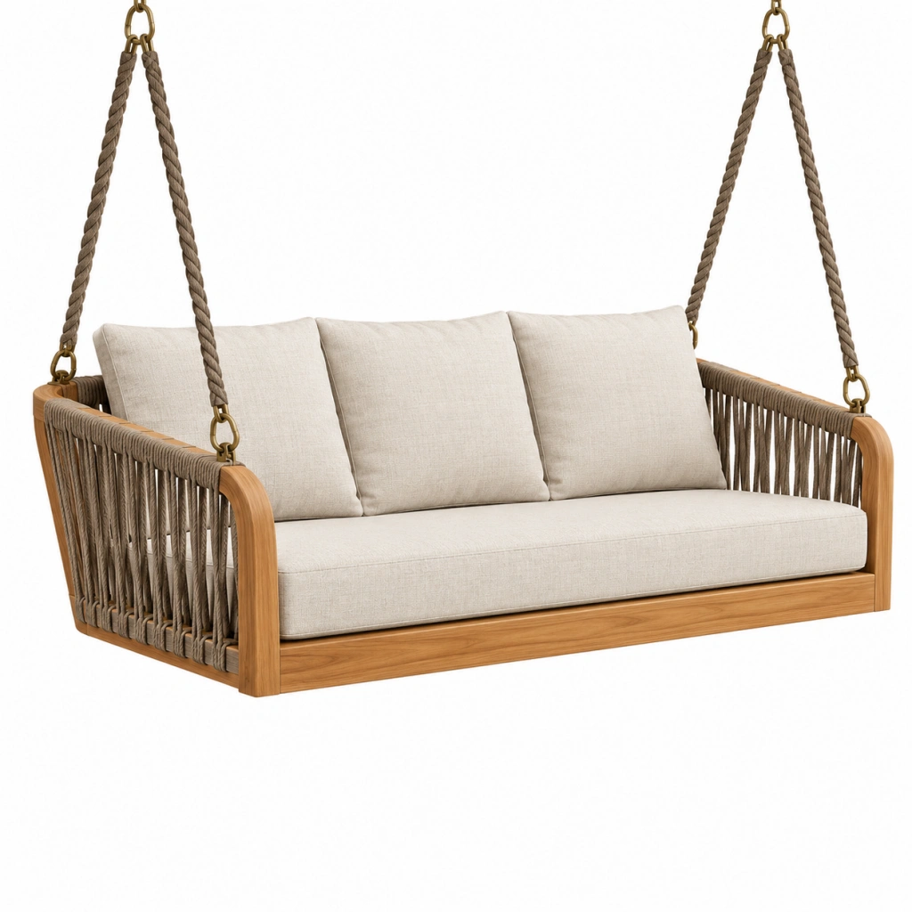 Hängesofa 160 x 80 x 65 cm aus Holz und Seil Beige für Balkon und Terrasse