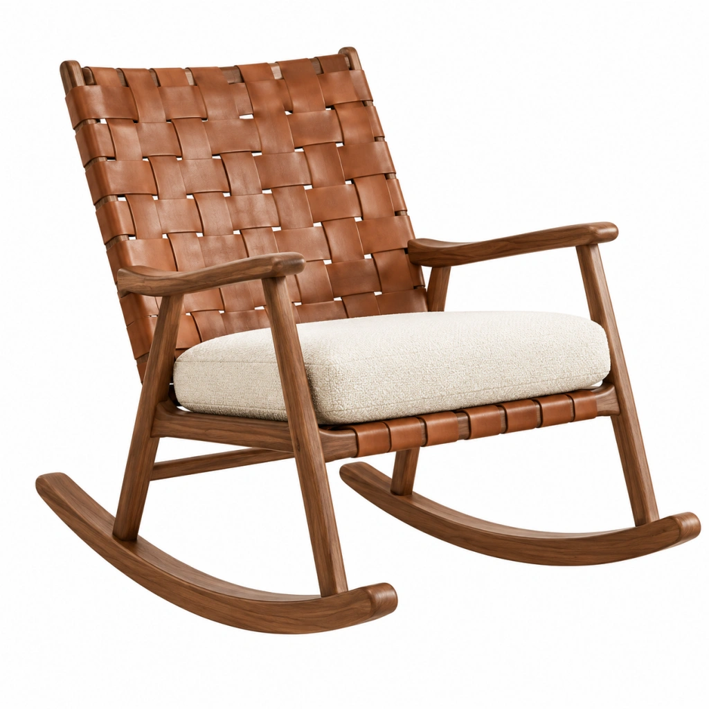 Schaukelstuhl 70 x 90 x 95 cm aus Holz Braun Creme mit geflochtener Rückenlehne