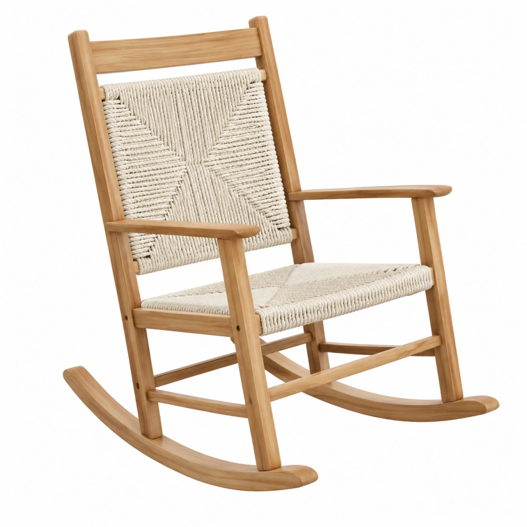 Schaukelstuhl 85 x 65 x 105 cm aus Holz in Natur Beige mit Kordelgeflecht