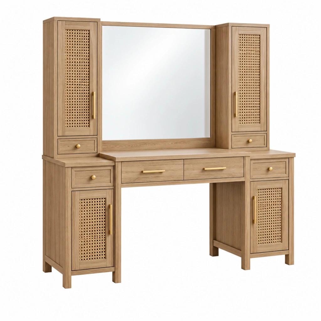 Schminktisch-Set 160 x 45 x 180 cm Naturholz mit Spiegel Flechtgewebe Stauraum