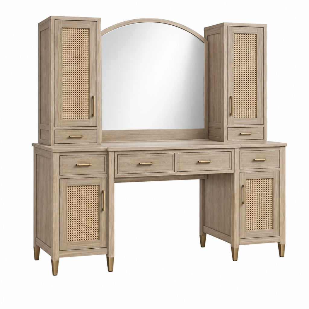 Schminktisch Set 180 x 45 x 190 cm Holz Rattan Natur mit Spiegel und Stauraum Landhausstil