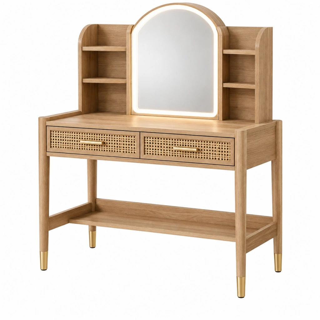 Frisiertisch 100 x 45 x 160 cm Holz Natur mit Spiegel und Schubladen im Retro-Stil