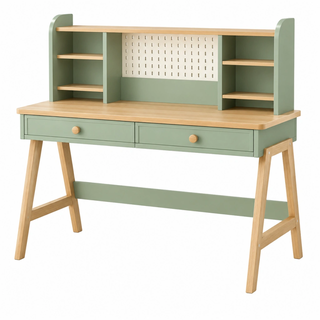 Schreibtisch 120 x 60 x 150 cm aus Holzwerkstoff und Holz in Grün Natur mit Aufsatz und Schubladen