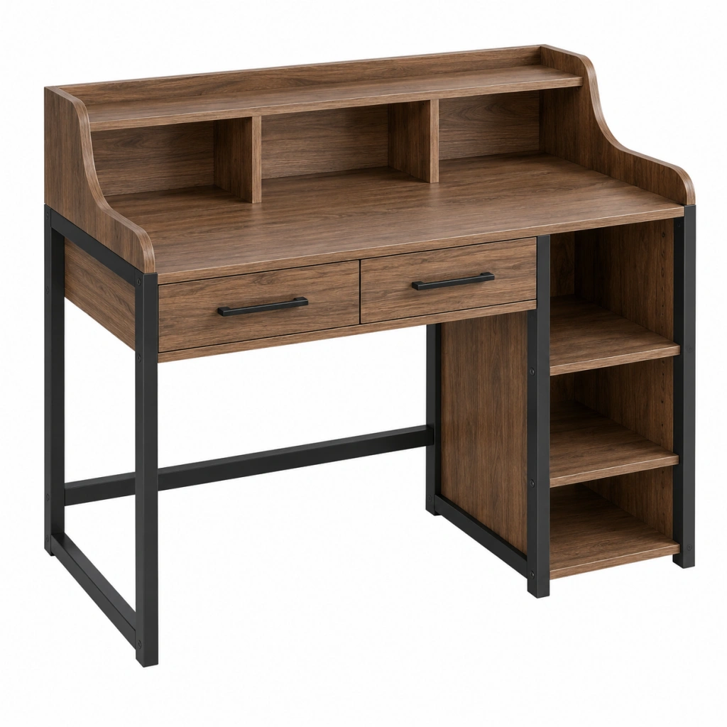Schreibtisch 120 x 60 x 100 cm in Walnussbraun mit Metallgestell und Stauraum im Industriestil