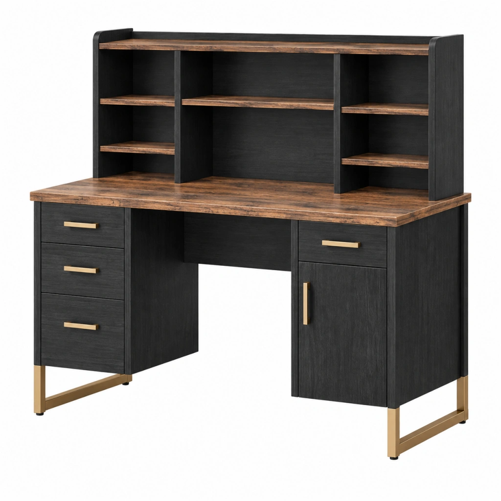 Schreibtisch 120 cm x 60 cm x 150 cm aus Holzwerkstoff Schwarz Braun mit Stauraum im Industrial-Stil