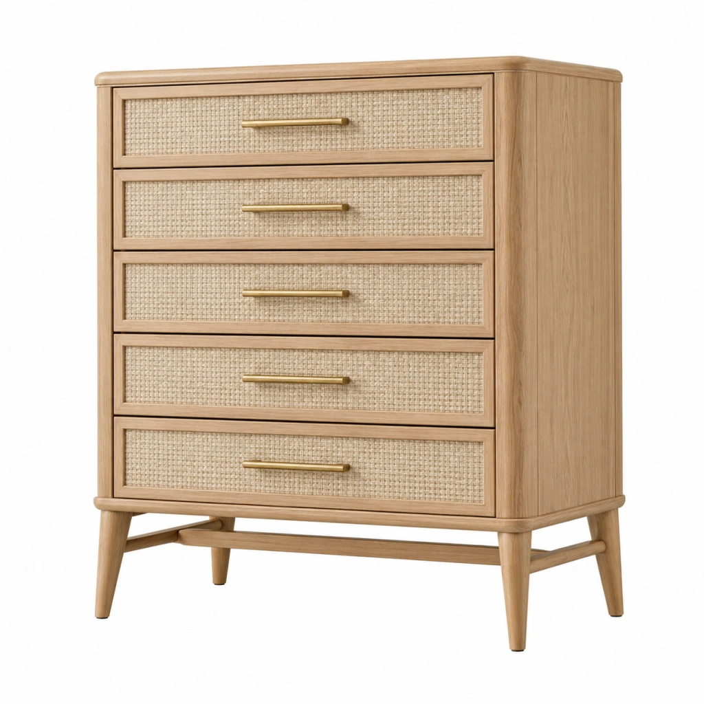 Kommode 80 x 40 x 110 cm aus Holz mit Rattangeflecht Natur 5 Schubladen Retro-Stil