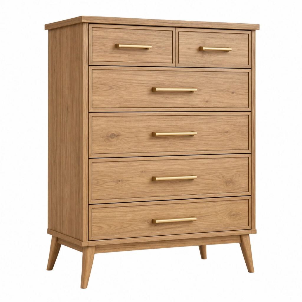 Kommode 90 x 42 x 125 cm aus Holz in Eiche mit 6 Schubladen im Mid-Century-Stil