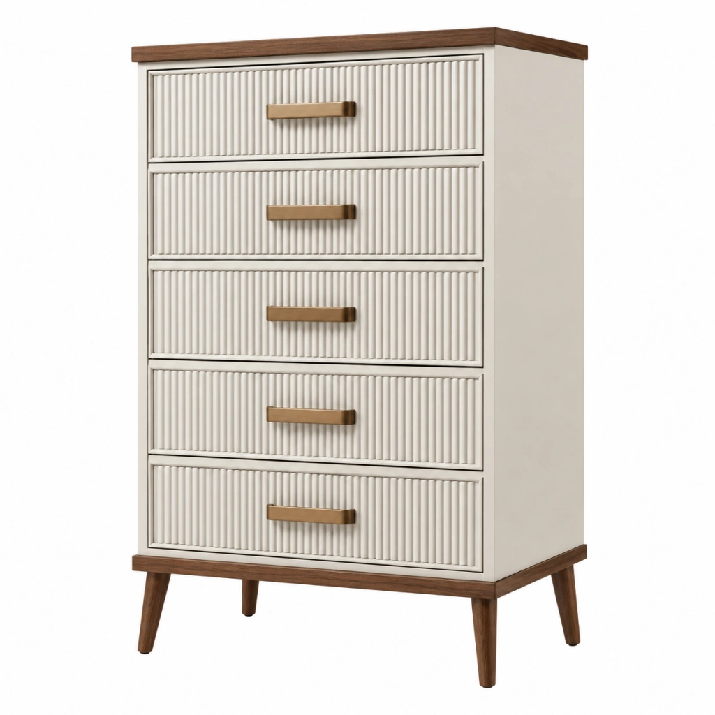 Kommode 80 x 40 x 120 cm in Cremebraun mit 5 Schubladen geriffelter Front und Holzfüßen