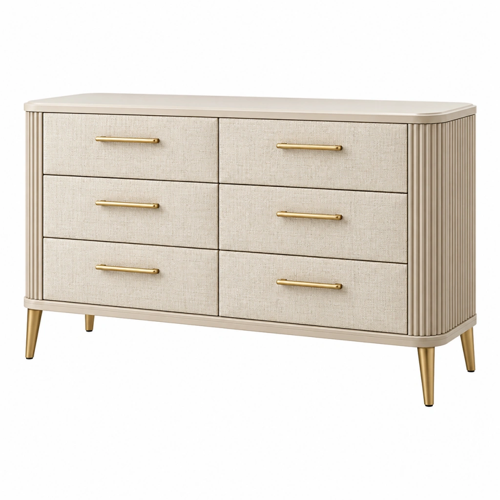 Kommode 150 x 45 x 85 cm in Creme mit Metallgriffen und sechs Schubladen