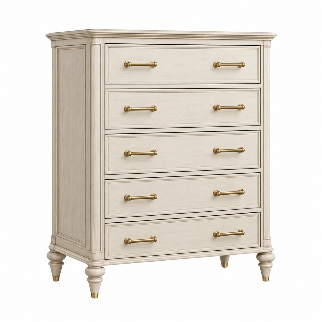 Kommode 100 x 45 x 120 cm in Creme aus Holzwerkstoff mit 5 Schubladen im Landhausstil