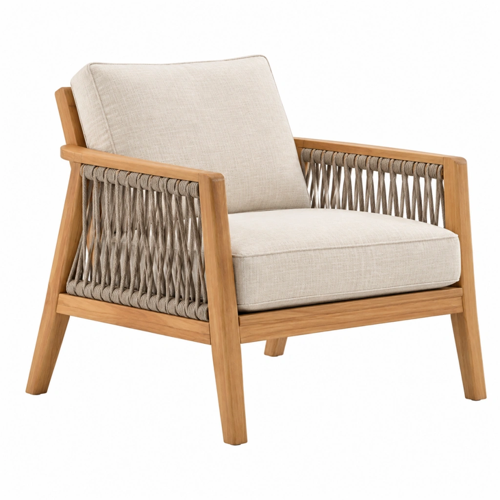 Lounge-Sessel 75 x 78 x 82 cm Holz Beige mit Kordelbespannung für den Wohnbereich