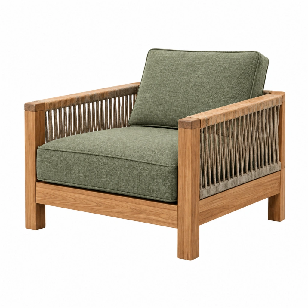 Sessel 78 x 75 x 78 cm Holz Grün mit Seilgeflecht für Terrasse und Garten