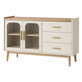 Sideboard 140 cm in Creme und Naturholz mit Glastüren und Schubladen im Mid Century Stil