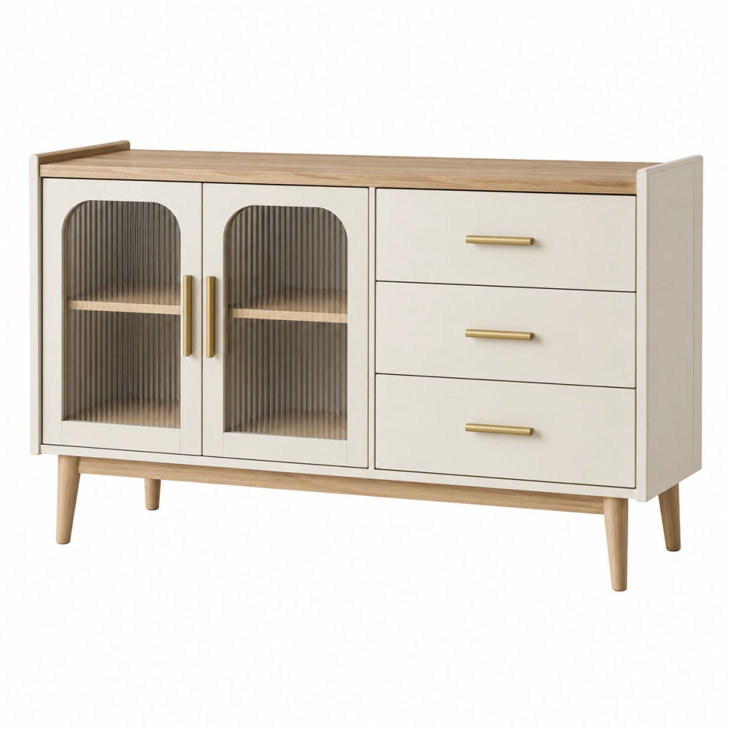 Sideboard 140 cm in Creme und Naturholz mit Glastüren und Schubladen im Mid Century Stil