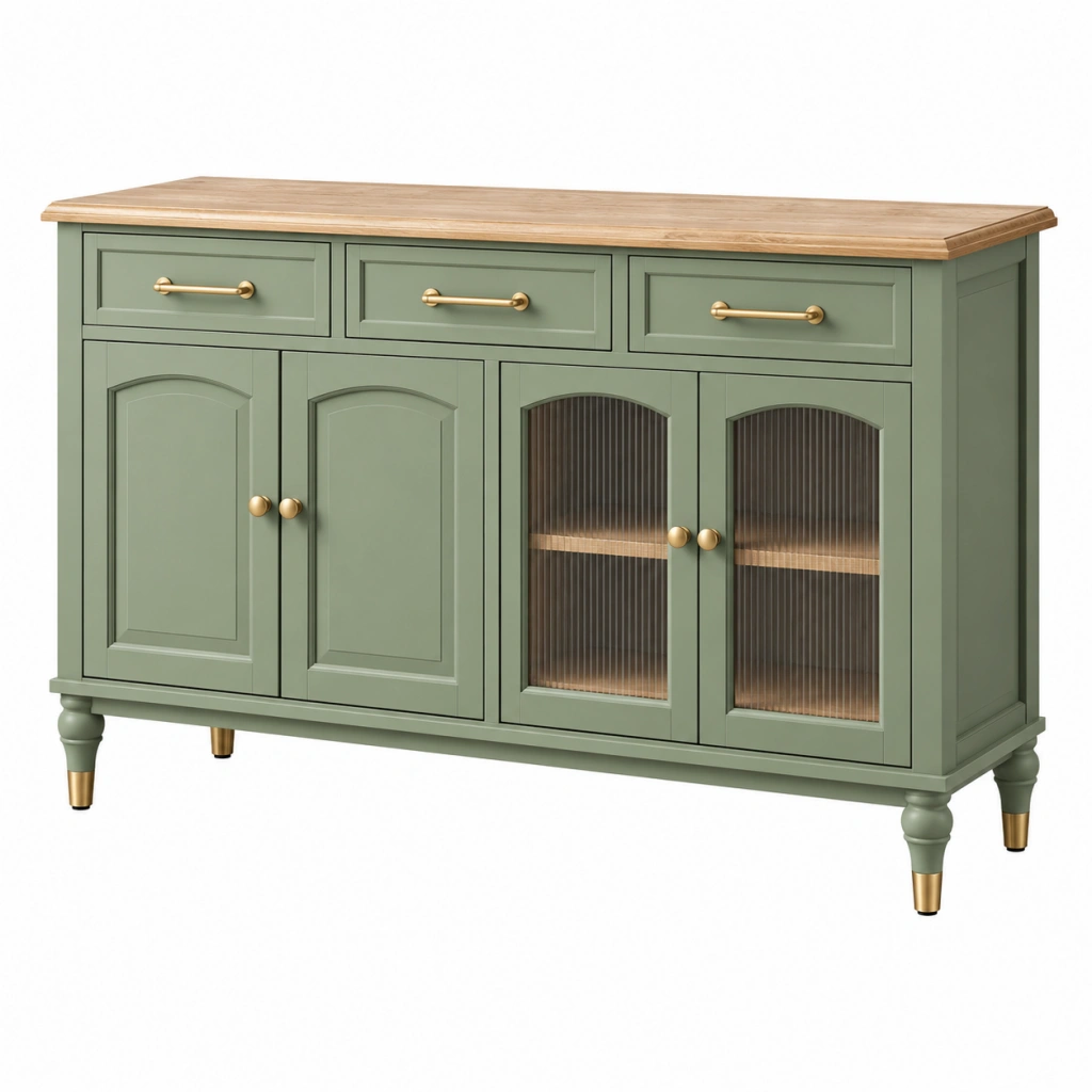 Sideboard 160 x 40 x 90 cm Holzwerkstoff Grün mit Holzplatte Landhausstil Stauraum