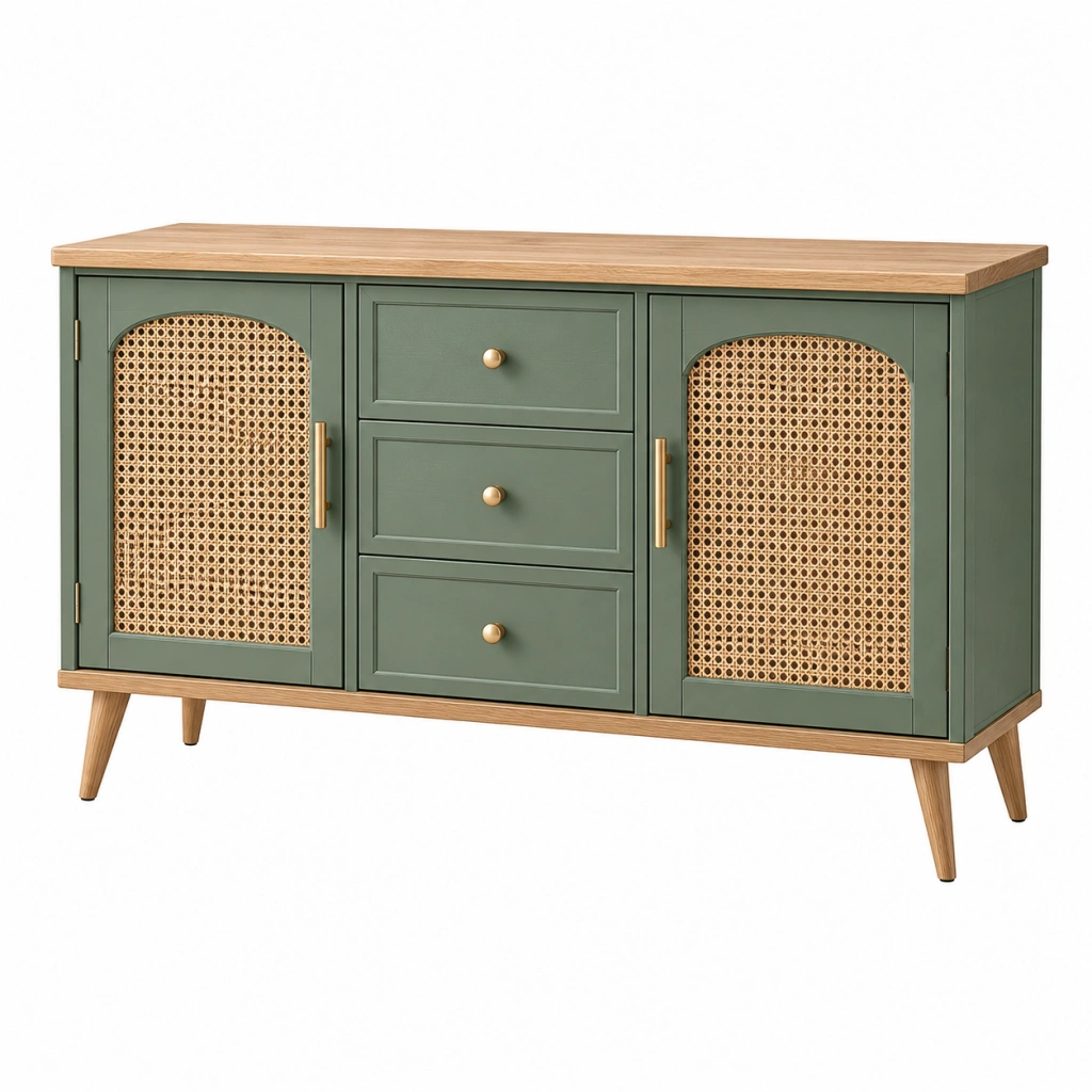 Sideboard 140 x 40 x 85 cm Holz Grün Natur mit Rattangeflecht im Retro-Stil