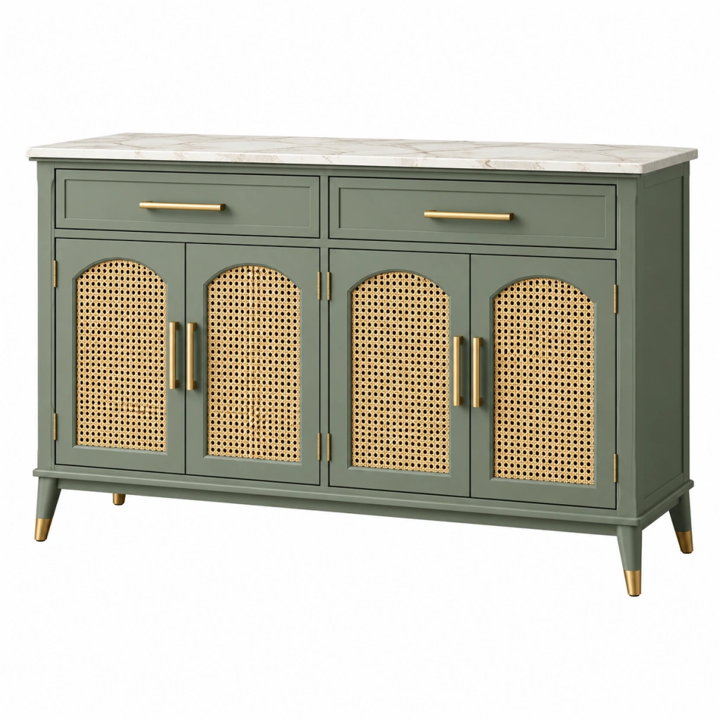 Sideboard 160 x 45 x 90 cm aus Holzwerkstoff in Grün mit Rattan Türen und Marmoroptik Platte