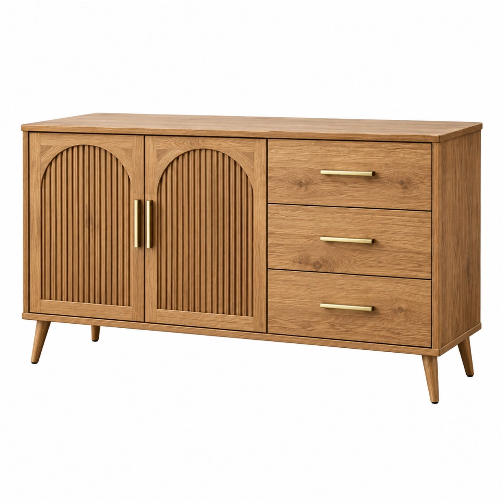 Sideboard 150 cm Holz Naturbraun mit 3 Schubladen und 2 Türen Mid Century Stil