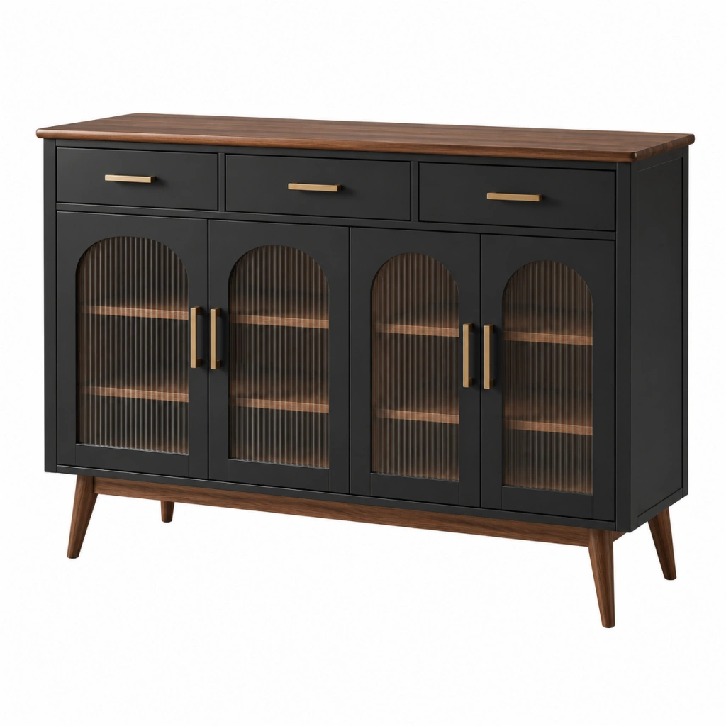 Sideboard 160 x 40 x 90 cm Schwarz Walnuss Holzwerkstoff mit Riffelglastüren und Schubladen