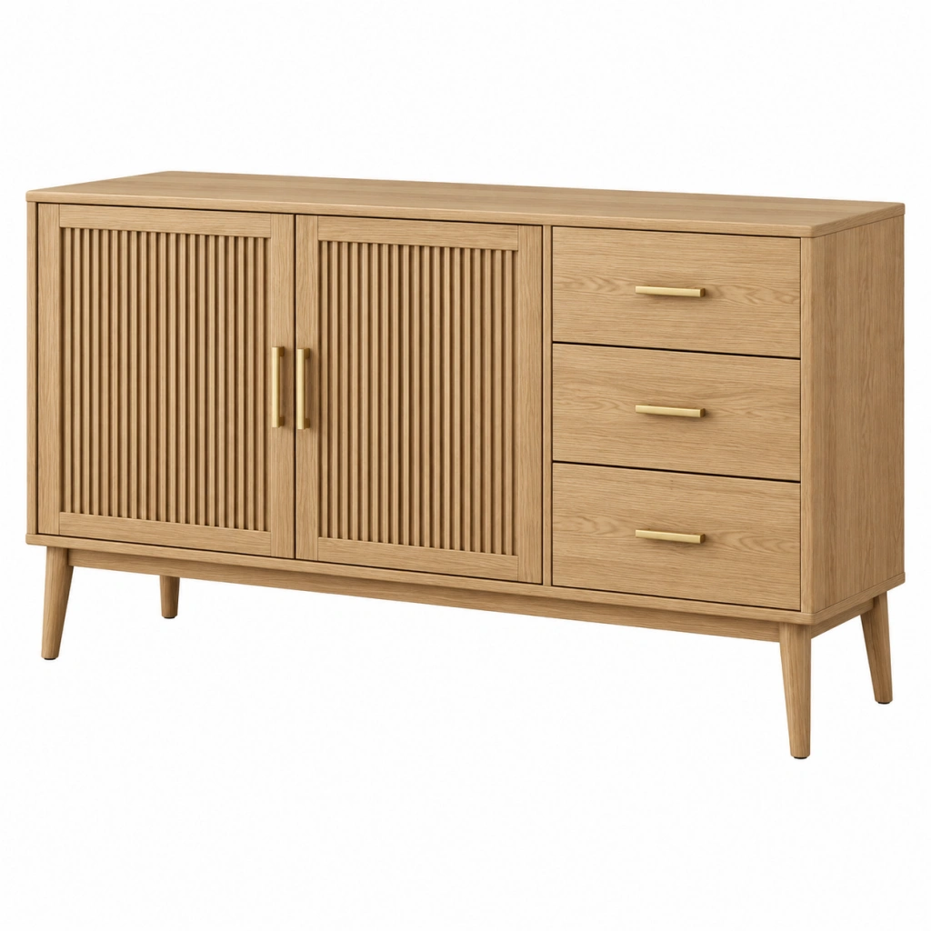 Sideboard 140 cm Holzoptik Natur mit 2 Türen und 3 Schubladen im Mid-Century-Stil